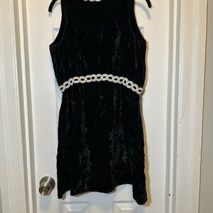 Vintage Black Velvet Mini Dress with White Lace Trim